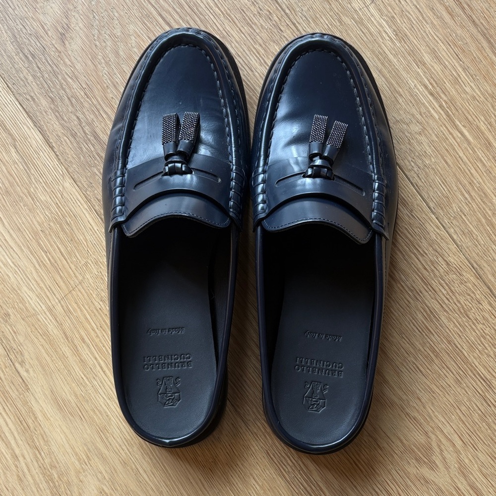 Brunello Cucinelli Leather Tassel Mule Loafers | Navy Monili | Size 39